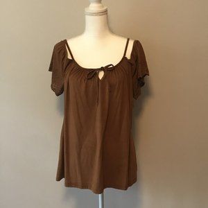 Brown faux suede cold shoulder top